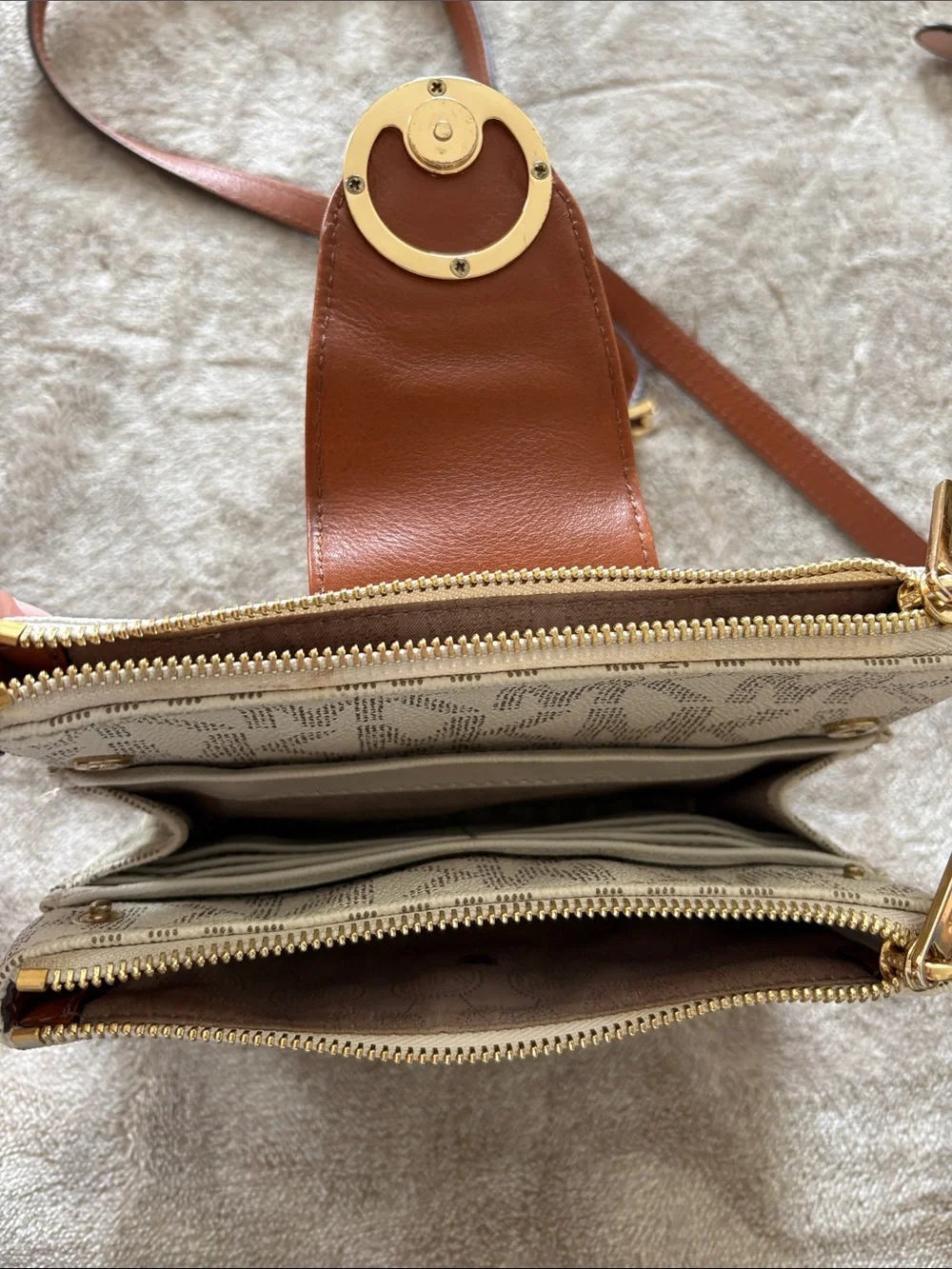Michael Kors White and Brown MK Monogram Crossbody Bag